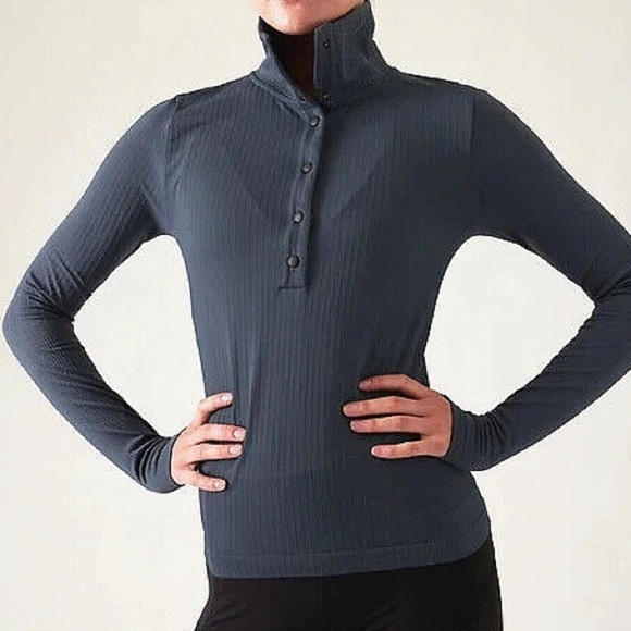 Athleta Flurry Seamless Henley Top Snap Top Mock Train blue #466524 - Picture 1 of 5